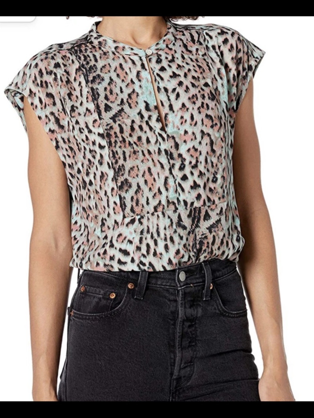 J. Crew Mint and Pink Leopard Cap-Sleeve Blouse